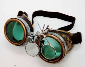Burningman - Steampunk Goggles - Glasses - welder glasses - steampunk accessories - madmax goggles with loupe - green - goggles - steampunk