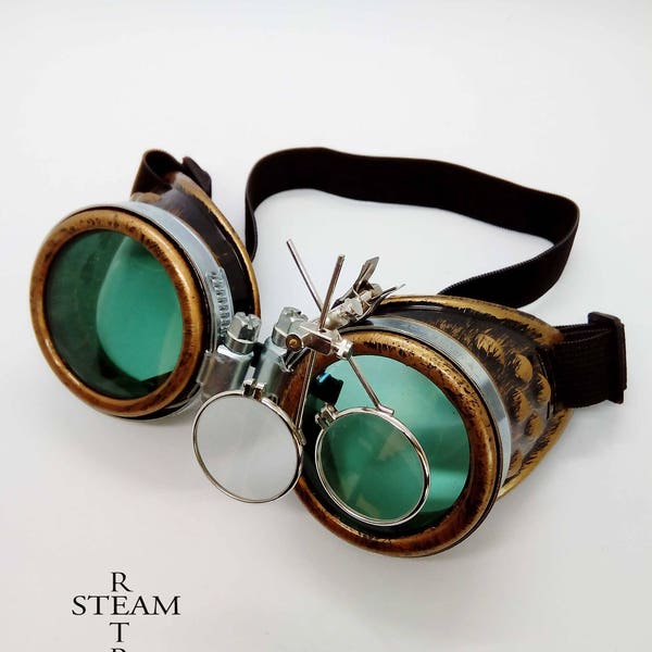 Burningman - Lunettes Steampunk - Lunettes - lunettes de soudeur - accessoires steampunk - lunettes madmax avec loupe - vert - lunettes - steampunk
