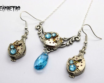 Steampunk Jewelry set in Aquamarine - Aquamarine rococco jewelry - jewellery set - Steampunk wedding set - Steampunk Necklace & Earrings