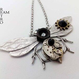 Steampunk - entomologist  necklace in black- steampunk dragonfly  - moth - mechanical dragonfly - dragonfly necklace - steampunk - necklace
