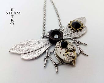 Steampunk - entomologist  necklace in black- steampunk dragonfly  - moth - mechanical dragonfly - dragonfly necklace - steampunk - necklace
