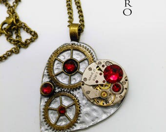 The Clockheart Steampunk Silver Siam Necklace - Steampunk Jewelry by Steamretro - Christmas gift - heart necklace - red heart