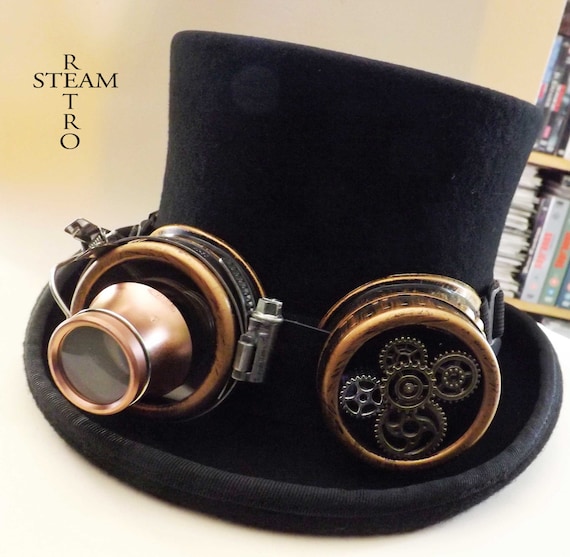 steampunk hat - new VINTAGE Wool Formal  Top Hat with gear goggles - steampunk top hat - steampunk top hat with black goggles