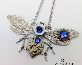 Steampunk entomologist necklace in purple - steampunk dragonfly - moth - mechanical dragonfly - dragonfly necklace - steampunk - necklace