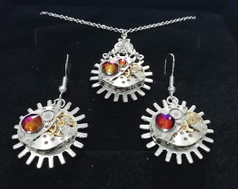Steampunk Jewelry set in Volcano - Steampunk wedding set - Steampunk Necklace & Earrings - Christmas gift - Gift for her