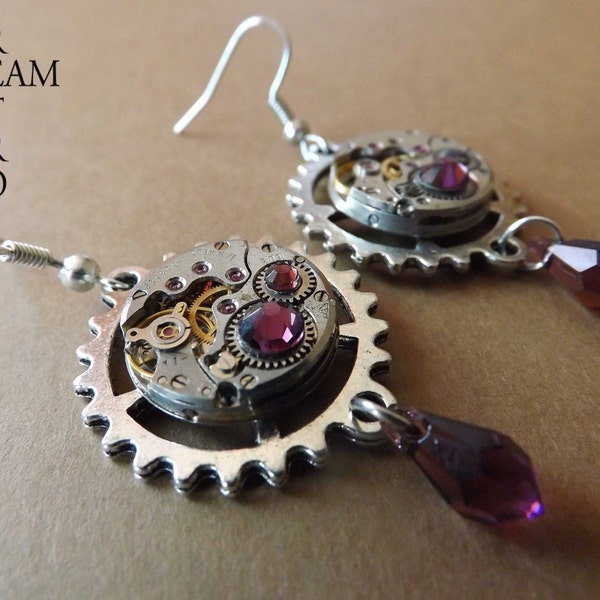 Watch movement Amethyst Swarovski Steampunk Gear Earrings - Steampunk Jewelry-  personalized jewelry