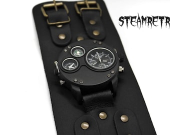 Russisches Militär-Art-Silber-Kompass & Thermometer Dual Time Steampunk-Uhr