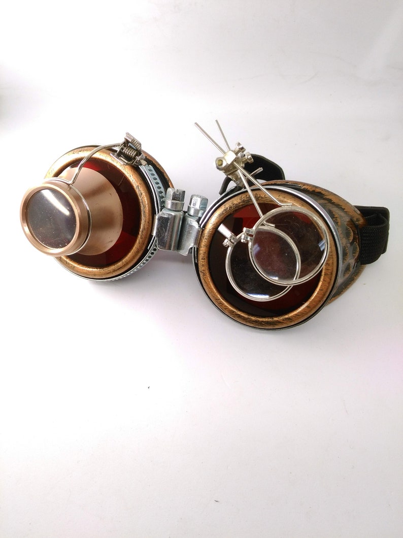 bronze steampunk goggles double loupe blue lens cyber goggles burning man steampunk accessories steampunk gift steampunk goggles image 10