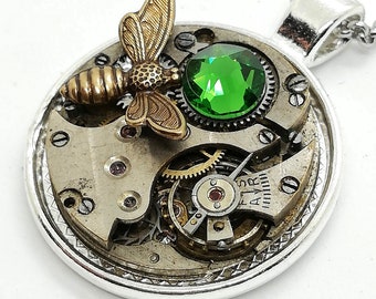 steampunk - ketting - steampunk ketting - bijenketting - steampunk sieraden - groene ketting - horloge beweging ketting - dames ketting