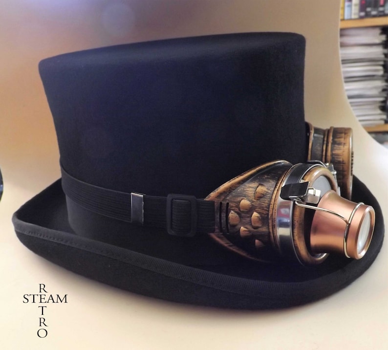 steampunkhatt - ny VINTAGE ull formell hög hatt med utrustning skyddsglasögon - steampunk hög hatt - steampunk hög hatt med svarta skyddsglasögon bild 4