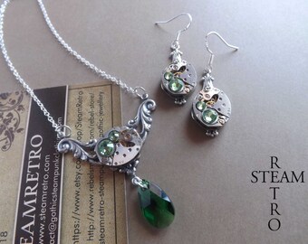 Steampunk Jewelry set in Peridot - Steampunk wedding set - Steampunk Necklace & Earrings