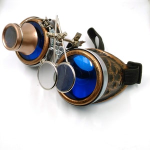 bronze steampunk goggles double loupe blue lens cyber goggles burning man steampunk accessories steampunk gift steampunk goggles image 4