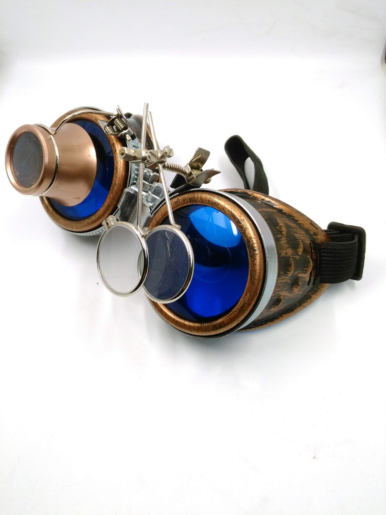 bronze steampunk goggles double loupe blue lens cyber goggles burning man steampunk accessories steampunk gift steampunk goggles image 4