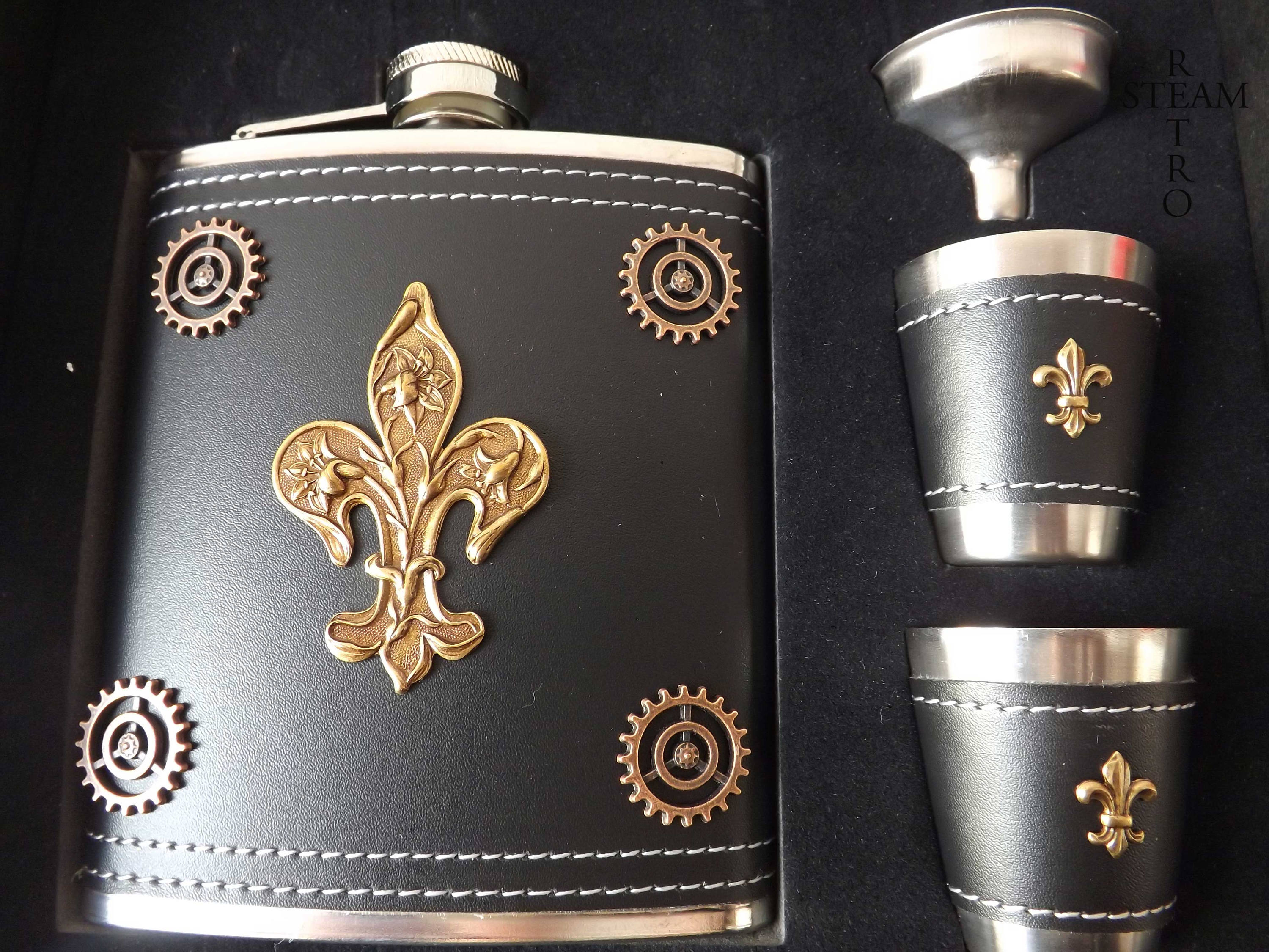 Steampunk flask and cup set mens steampunk gift fleur de Etsy
