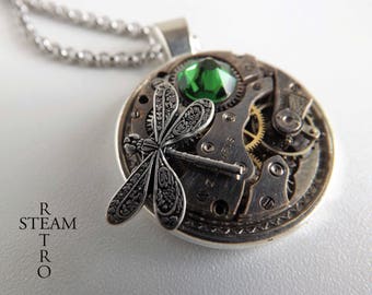 Steampunk necklace- steampunk dragonfly necklace -Steampunk pendant -green steampunk necklace - firefly necklace - women steampunk gift