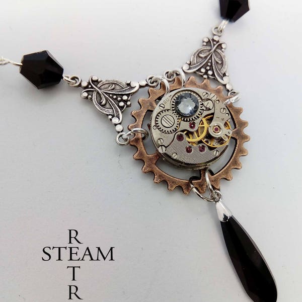 steampunk - necklace - steampunk necklace - black crystal necklace - gothic - gothic necklace - personalized necklace - steampunk jewellery