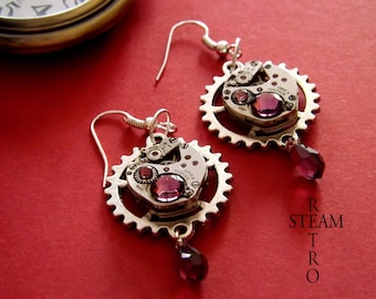 steampunk steampunk earrings Vintage watch movement Amethyst Swarovski Steampunk Earrings - Steampunk Jewelery * personalized jewelry