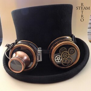 steampunkhatt - ny VINTAGE ull formell hög hatt med utrustning skyddsglasögon - steampunk hög hatt - steampunk hög hatt med svarta skyddsglasögon bild 2