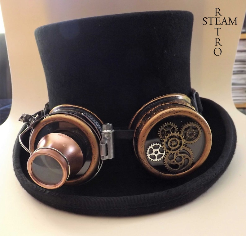 steampunkhatt - ny VINTAGE ull formell hög hatt med utrustning skyddsglasögon - steampunk hög hatt - steampunk hög hatt med svarta skyddsglasögon bild 2