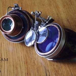 bronze steampunk goggles double loupe blue lens cyber goggles burning man steampunk accessories steampunk gift steampunk goggles image 7