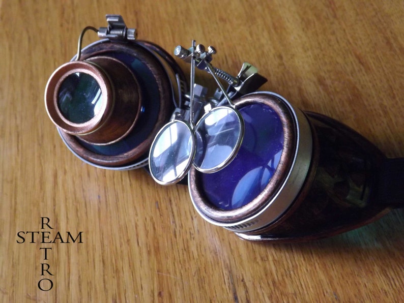 bronze steampunk goggles double loupe blue lens cyber goggles burning man steampunk accessories steampunk gift steampunk goggles image 7