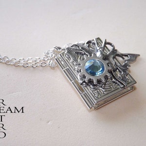 Steampunk necklace, Steampunk book locket necklace butterfly locket - steampunk locket - silver locket aquamarine -
