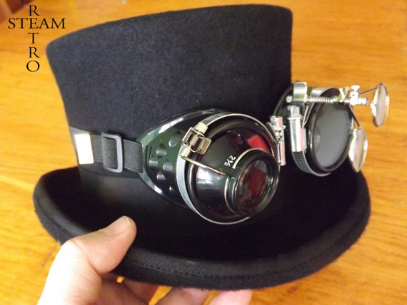 steampunk hat - new VINTAGE Wool Formal  Top Hat with goggles - steampunk top hat - steampunk top hat with black goggles