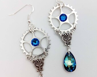 Steampunk - Kolczyki - Kolczyki Steampunk, Kolczyki Steam Punk Wiktoriański, Kolczyki Srebrne Steampunk - kolczyki wiktoriańskie - niebieskie kolczyki