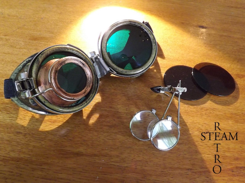 bronze steampunk goggles double loupe green lens cyber goggles burning man steampunk accessories steampunk gift goggles steampunk image 7