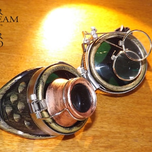 bronze steampunk goggles double loupe green lens cyber goggles burning man steampunk accessories steampunk gift goggles steampunk image 2