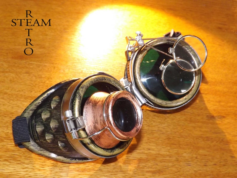bronze steampunk goggles double loupe green lens cyber goggles burning man steampunk accessories steampunk gift goggles steampunk image 2