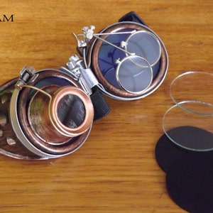 bronze steampunk goggles double loupe blue lens cyber goggles burning man steampunk accessories steampunk gift steampunk goggles image 6