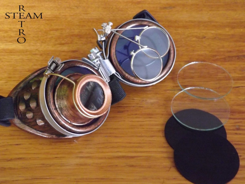 bronze steampunk goggles double loupe blue lens cyber goggles burning man steampunk accessories steampunk gift steampunk goggles image 6