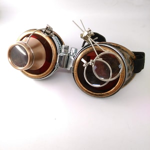 bronze steampunk goggles - double loupe red multi lens cyber goggles burning man steampunk accessories - steampunk gift - steampunk