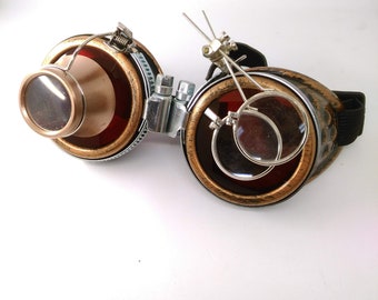 bronze steampunk goggles - double loupe red multi lens cyber goggles burning man steampunk accessories - steampunk gift - steampunk