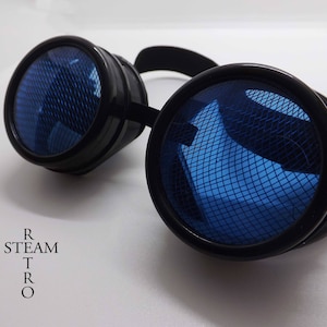 May include: Black steampunk goggles with blue mesh lenses. The goggles have a black leather strap.