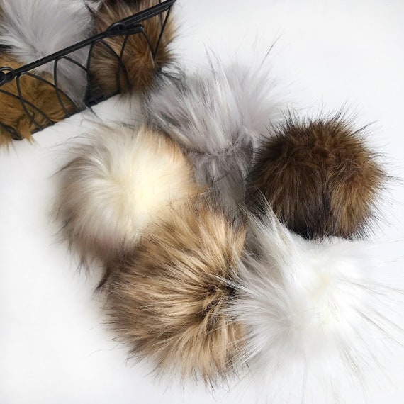 SAMPLE PACK of Five Faux Fur Pom Poms/tan/brown/beige/silver/large