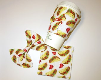 Paquete combinado de tela tacos. Café acogedor, lazo del pelo, pulsera, posavasos. Easy Gift Set Idea Taco Martes