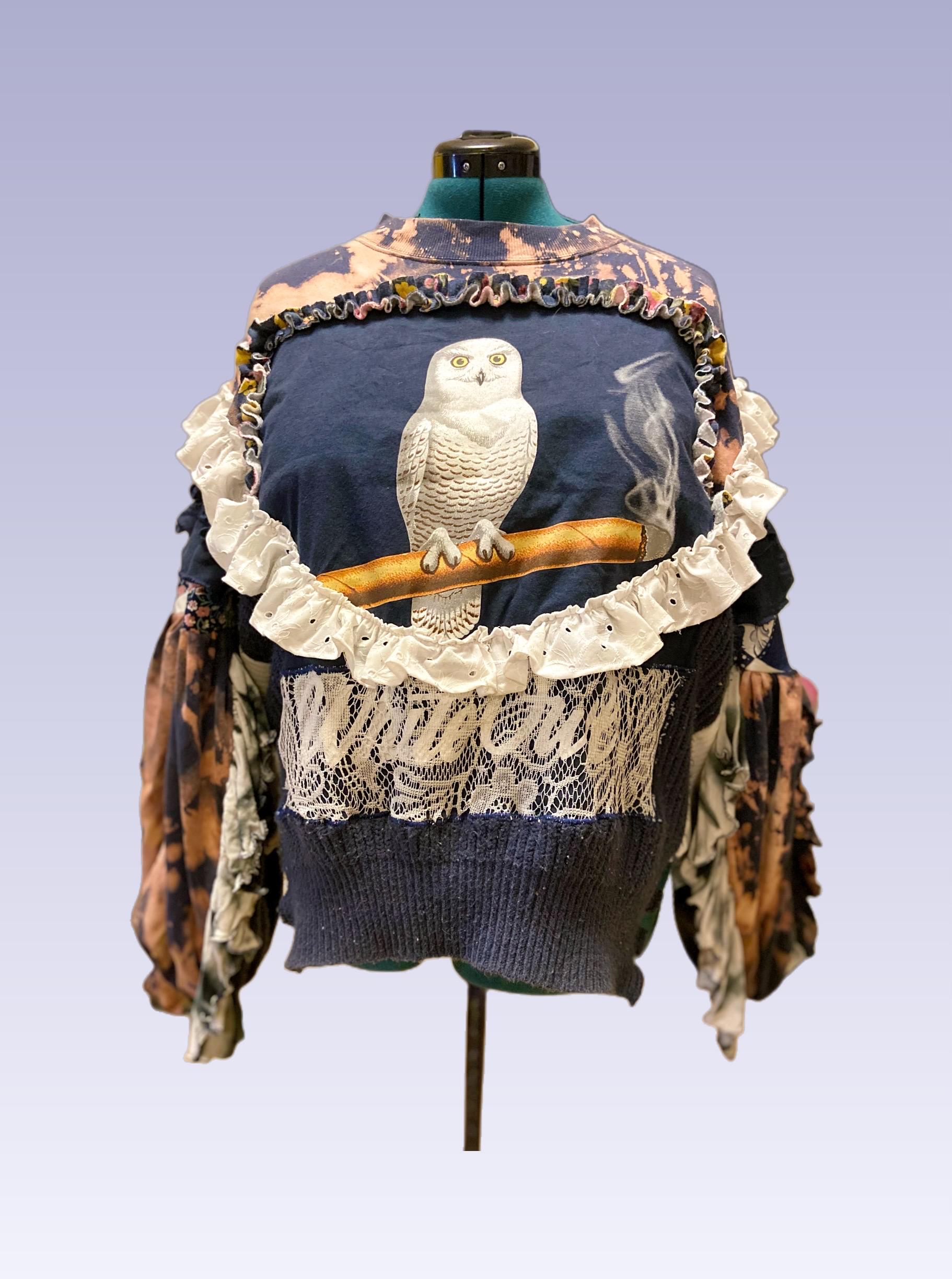 Handmade 420 Whimsical Patchwork White Owl Sweater