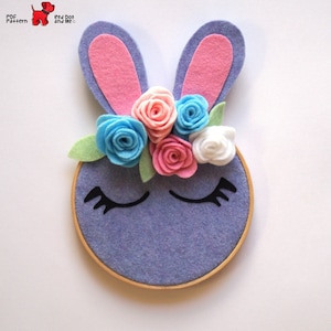 PDF Pattern Rabbit Embroidery Hoop Art with Felt Flower Crown No Sew Tutorial DIY