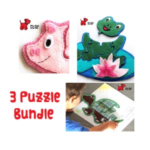 PDF Sewing Patterns Bundle Frog, Pig and Tortoise Soft Toy Jigsaw Puzzle.  Pack of 3 Patterns