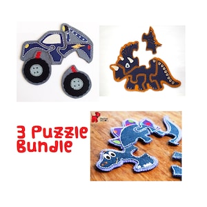 PDF Sewing Patterns Bundle Dinosaur Triceratops and Stegosaurus, Monster Truck Soft Toy Jigsaw Puzzle.  Pack of 3 Patterns