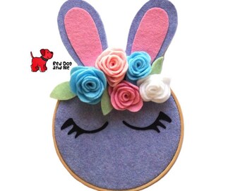 PDF Pattern Rabbit Embroidery Hoop Art with Felt Flower Crown No Sew Tutorial DIY