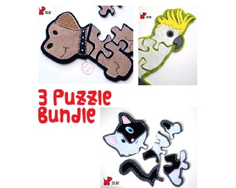 Soft Toy Jigsaw Puzzle PDF Sewing Patterns: Dog, Cat, Cockatoo (Bundle of 3)
