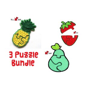 May include: A set of three felt fruit puzzles: a pineapple, a strawberry, and a pear. The pineapple is yellow and green, the strawberry is red and green, and the pear is light green. The text "3 Puzzle Bundle" is in red.