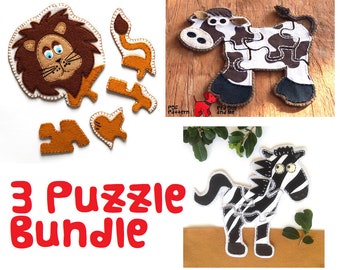 Lion, Zebra, Cow Soft Toy Puzzle PDF Sewing Patterns (Bundle of 3)