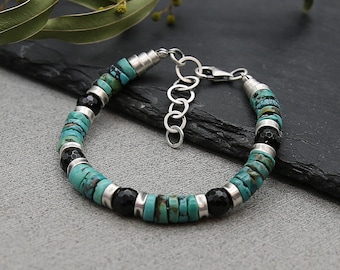 Turquoise and Black Tourmaline Boho Bracelet - Handcrafted Sterling Silver Rustic Jewelry, Unique Bracelet for Men or Women