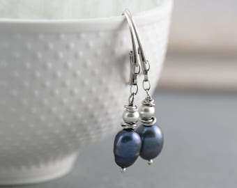 Simple black pearl earrings, Sterling silver elegant long earrings, Unique design bohemian earrings, Birthday gift for her