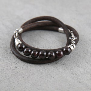 Garnet and leather bracelet for men, trending now sterling silver leather and garnet bracelet, new dad gift from wife