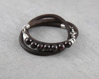 Garnet and leather bracelet for men, trending now sterling silver leather and garnet bracelet, new dad gift from wife